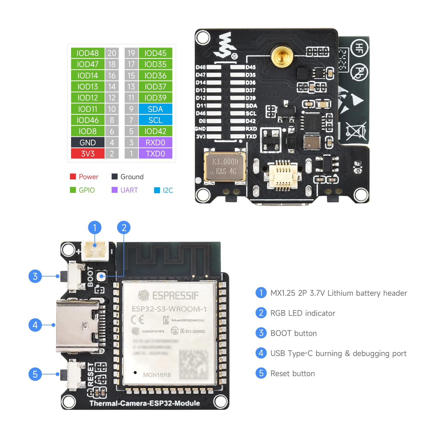 Waveshare ESP32-S3 Infrared Wireless IR Thermal Imaging Camera Module, Type-C Port, 80x62 Array Pixels Basic Version 45 ° Field of View Angle