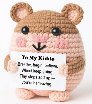Study Motivation Mini Crochet Hamster Plush with Positive Card, Handmade 4, Tween Teen Desk Focus, Kawaii Encouragement, Year-Round