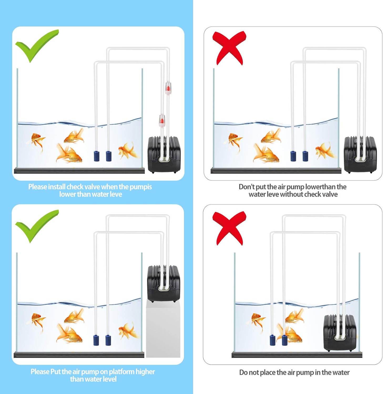 Aquarium Air Pump, Rareccy Fish Tank Air Pump with Dual Outlet Adjustable Air Valve Ultra Silent Oxygen Whisper Air Pump with Air Stones Silicone Tube Check Valves Up to 80 Gallon Tank : Pet Supplies