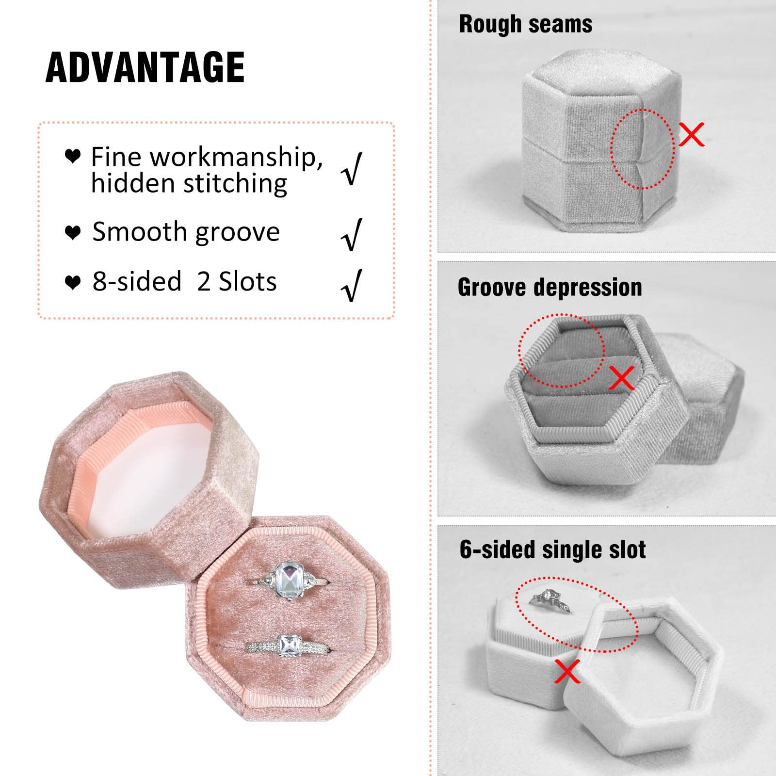 Vicoter Velvet Ring Box – 2 Slot Hexagon Jewelry Case For Engagement, Wedding, Dusty Pink