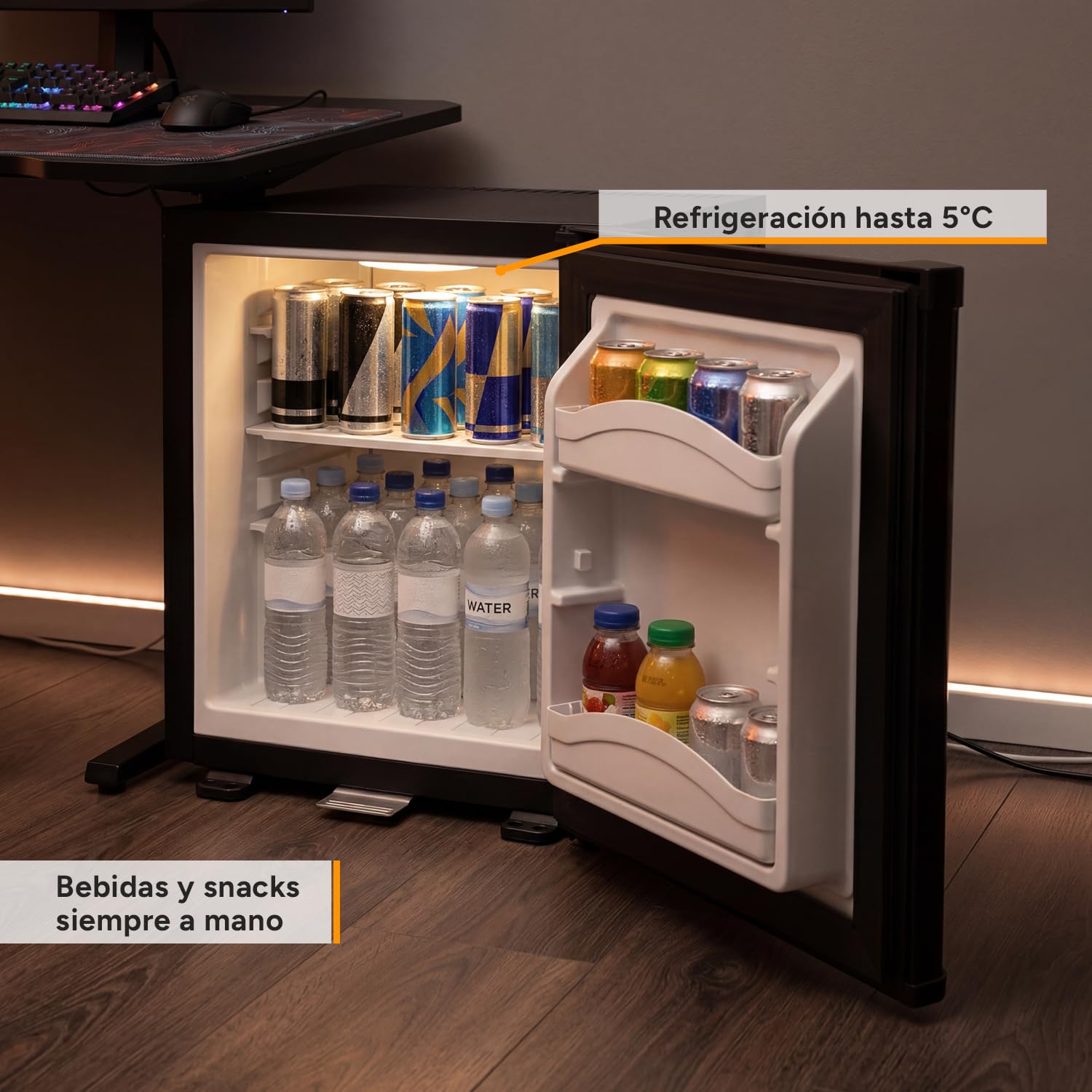 TZS First Austria - Mini Frigorífico 30L completamente silencioso - Pequeño Minifrigo con puerta reversible y luz interior - Minibar para camping, oficina, dormitorio y hotel - Negro mate