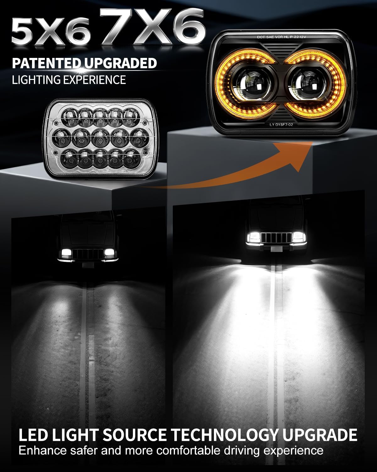 DOT 180W 5x7 Led Headlights 7x6 H6054 headlight Compatible with Jeep Wrangler YJ Cherokee XJ Bright DRL Turn Signal Hi/Low Beam Ford Chevy GMC Toyota Nissan Dodge Truck Van etc Black