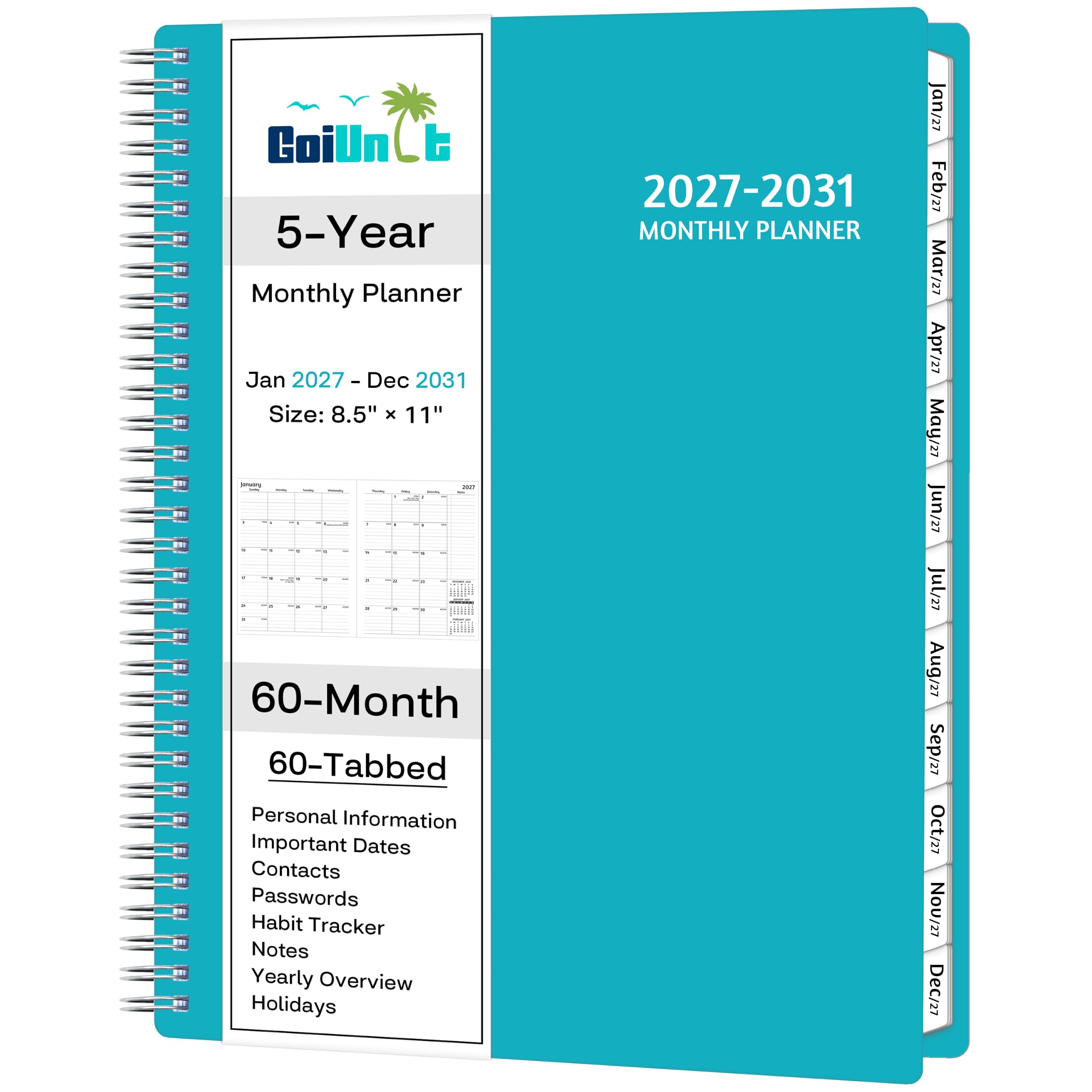 Monatsplaner 2027–2031, 5-Jahres-Kalenderplaner 2027–2031, Januar 2027–Dezember 2031, 21,6 x 27,9 cm, liniert, flexibler Einband, Spiralbindung, Tasche, 60 beschichtete Monatstaschen, Notizen und