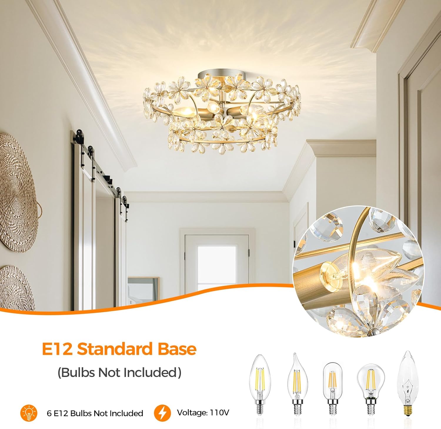 Flower Crystal Chandelier, Modern Floral Semi Flush Mount Ceiling Light, 19.1 Inches 6 Light Dining Room Light Fixtures Over Table, Ceiling Lamp for Bedroom Room, Living Room, Entryway