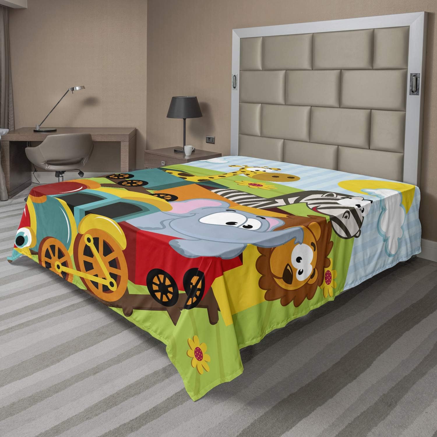 Ambesonne Animal Flat Sheet, Cartoon Savannah Wild Animals in a Train with Striped Backdrop Toys Art Print, Soft Comfortable Top Sheet Decorative Bedding 1 Piece, Full Size, Multicolor