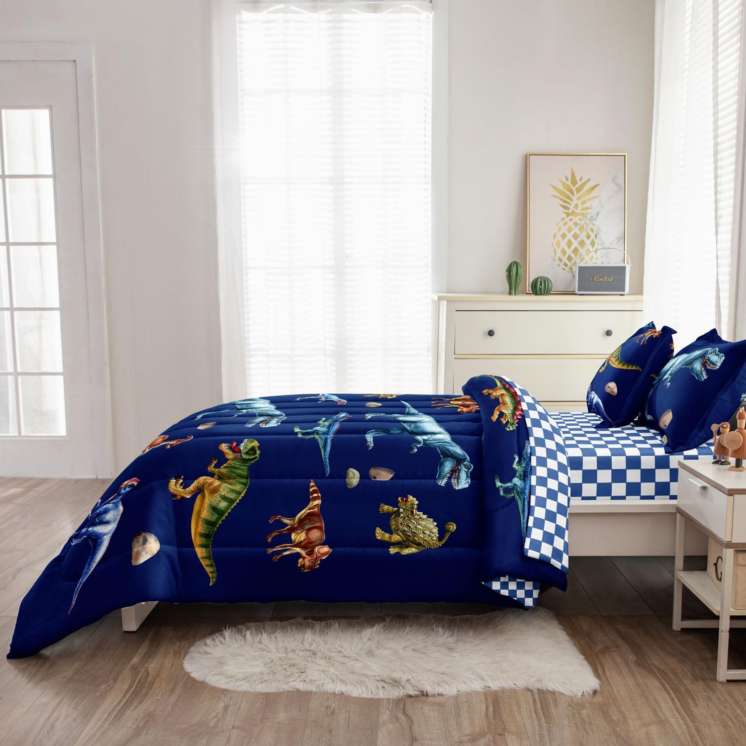 Kid Twin Comforter Set - 5 Piece Dinosaur Bedding Set for Boys/Girls - Super Soft Microfiber Bed in a Bag with Comforter, Sheets, Pillowcase, Blue
