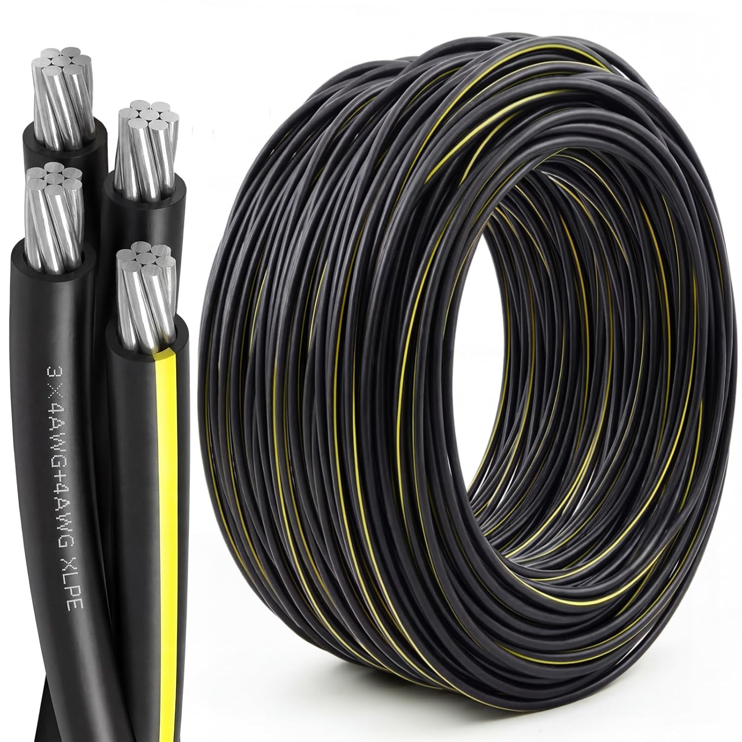 BreezeHug 100Ft 4-4-4-4 Quadruplex Aluminum Conductor Underground Direct Burial URD Cable 600V, XLPE Insulation, Underground Wire for Outdoor Direct Burial, Pipeline Laying