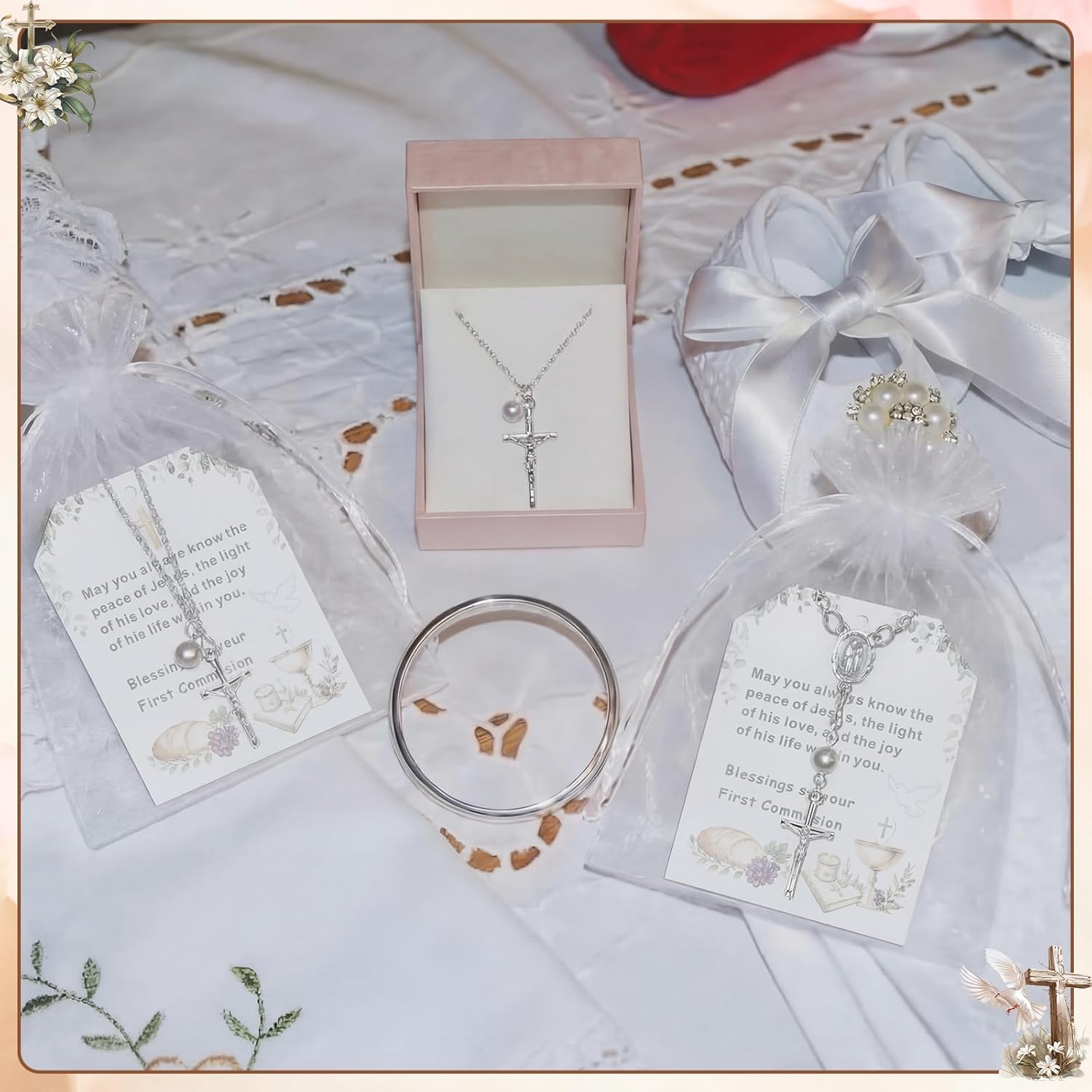 Fumete 144 Pcs First Holy Communion Gifts Communion Favors Sets Baptism Rosary Cross Necklace Bracelets with Cards Organza Bags Christian Easter Gifts for Religious Events(Silver)