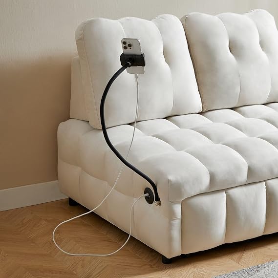 3 in 1 Multifunction Sleeper Sofa Couch Bed Convertible Sofa Pull-Out Bed Velvet 2- seat Lounge Sleeper Sofa Independently Removable backrest Have USB Port and Swivel Phone Stand Beige