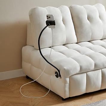 3 in 1 Multifunction Sleeper Sofa Couch Bed Convertible Sofa Pull-Out Bed Velvet 2- seat Lounge Sleeper Sofa Independently Removable backrest Have USB Port and Swivel Phone Stand Beige