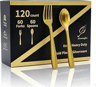120 Count Heavy Duty Disposable Gold Plastic Silverware Set | 60 Forks & 60 Spoons, BPA-Free, Non-Slip Handle, Heat Resistant, Cutlery Set for Party Supply Wedding Daily Use