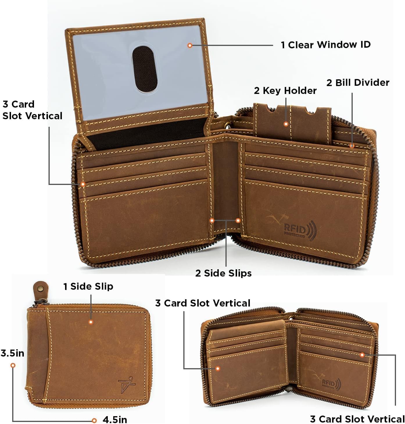RFID Safe Leather Bi-fold Wallet for Men Zip around Purse for Women Biker's Trucker YKK Metal Zipper Closure, Flip up window ID without Biker Chain