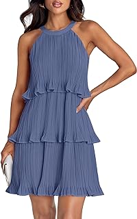 Women's 2025 Summer Halter Dresses Sleeveless Ruffle Tiered Layered Chiffon Pleated A Line Swing Mini Dress - Buy now