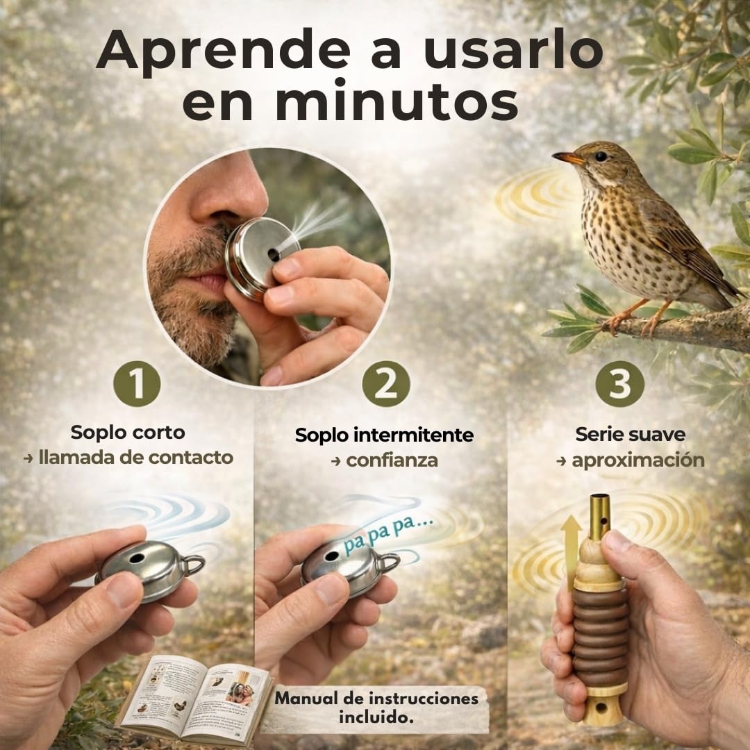 Reclamo Zorzal Bucal Manual con 2 Silbatos para Atraer Zorzales