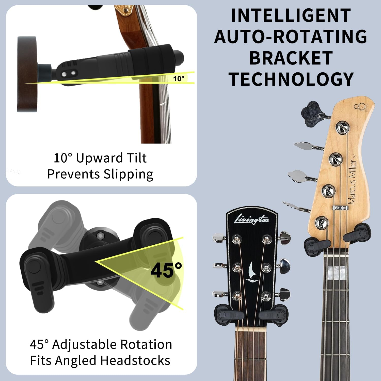 Auto-Lock Guitar Wall Mount, Self-Locking Guitar Hanger with Nitro-Safe Velvet, Holds 22 lbs, Wall Mount for Acoustic, Electric, and Bass Guitars, Easy Installation,Black Wood 2 pcs