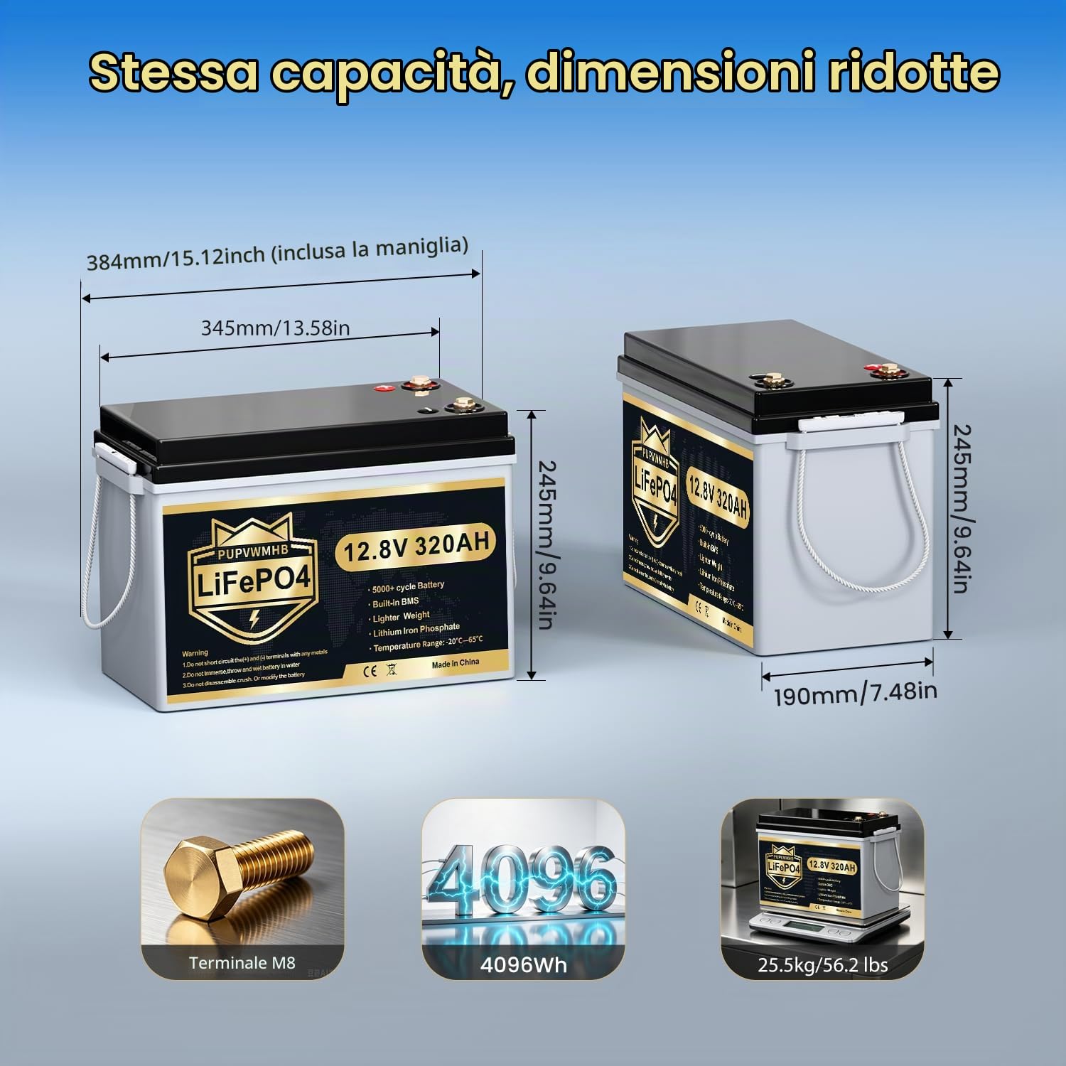 Batteria LiFePO4 12V 320Ah con Bluetooth, BMS 200A, fino a 15000 cicli, max 4096Wh, protezione bassa temperatura, deep cycle, design compatto, per camper, solare, motore elettrico