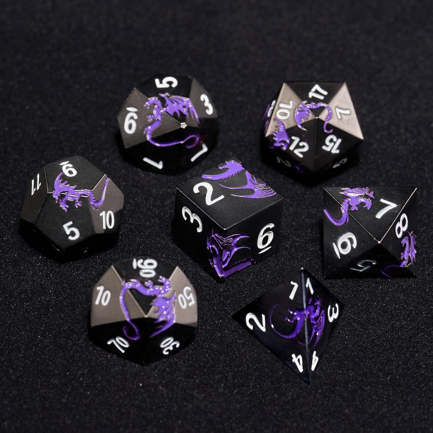 Black Purple Dragon Metal Dice Set,7 PCS Heavy Zinc Alloy DND Dice with Magnetic Gift Box for Fantasy Tabletop RPG Games (Black Purple Dragon)