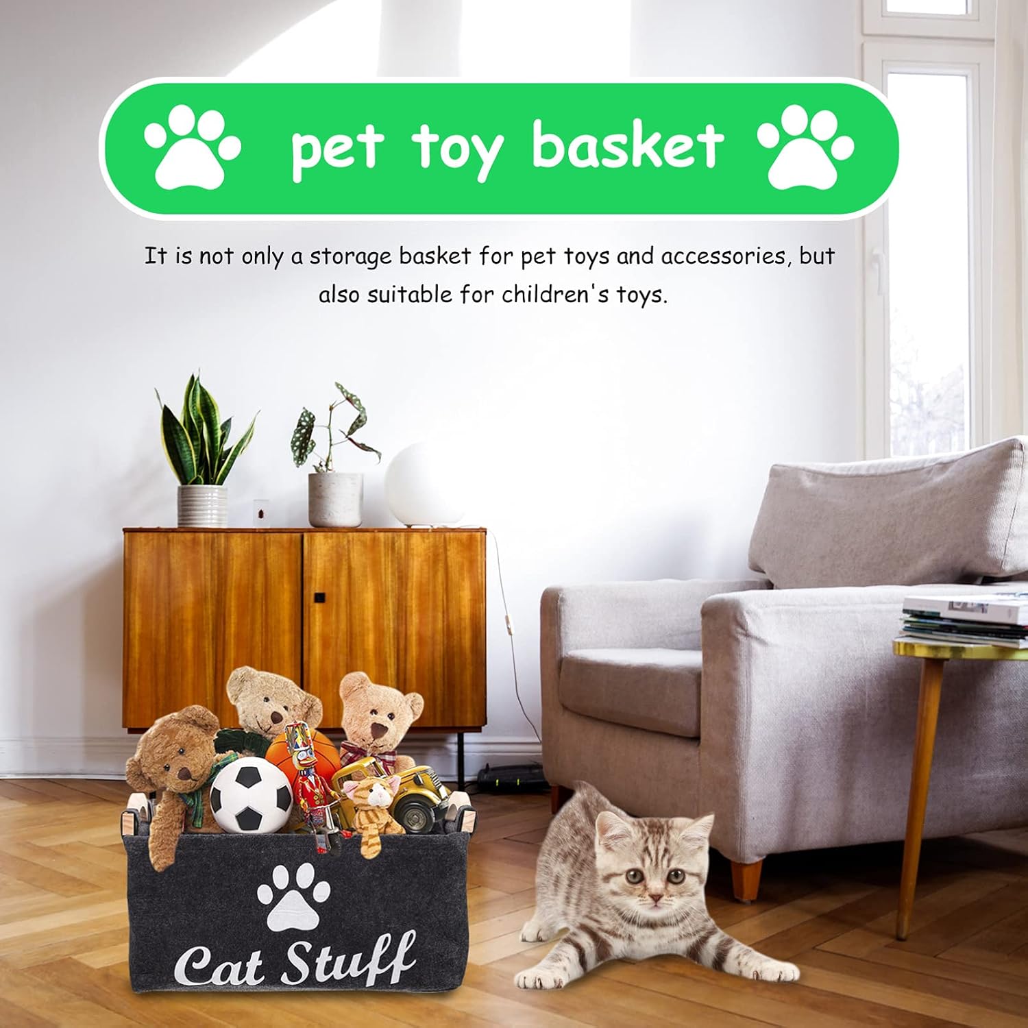 balacoo Cat Toy Storage Bin Fabric Pet Accessory Organizer Felt Basket Chest Organizer Container with Wooden Handle for Dog Rope Toys Blankets Leashes Clothing Black