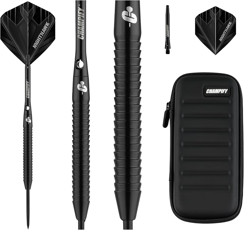 Champify 90% Volfrám Darts Készlet Fekete Táskával - 3 Steel Nyíl, 9 Alumínium Szár és 9 Toll - 23g Nighthawk Profi Szett Fém Hegyekkel