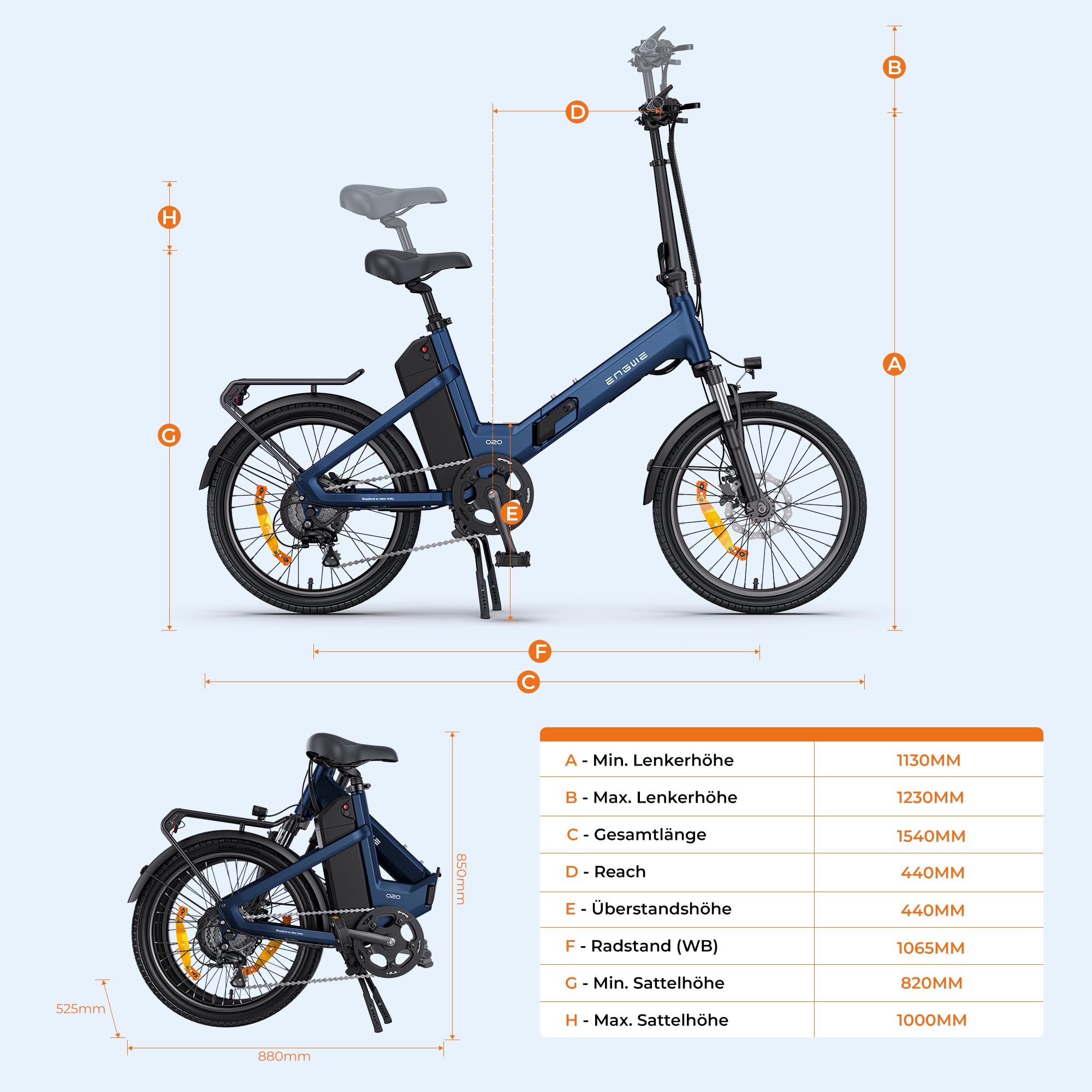 ENGWE O20 E Bike Klapprad | Kompaktes Elektrofahrrad | 250W-Motor | 48 V, 15 Ah, herausnehmbarer Akku | Reichweite: 80–140 km | App-Anbindung | Stadtverkehr