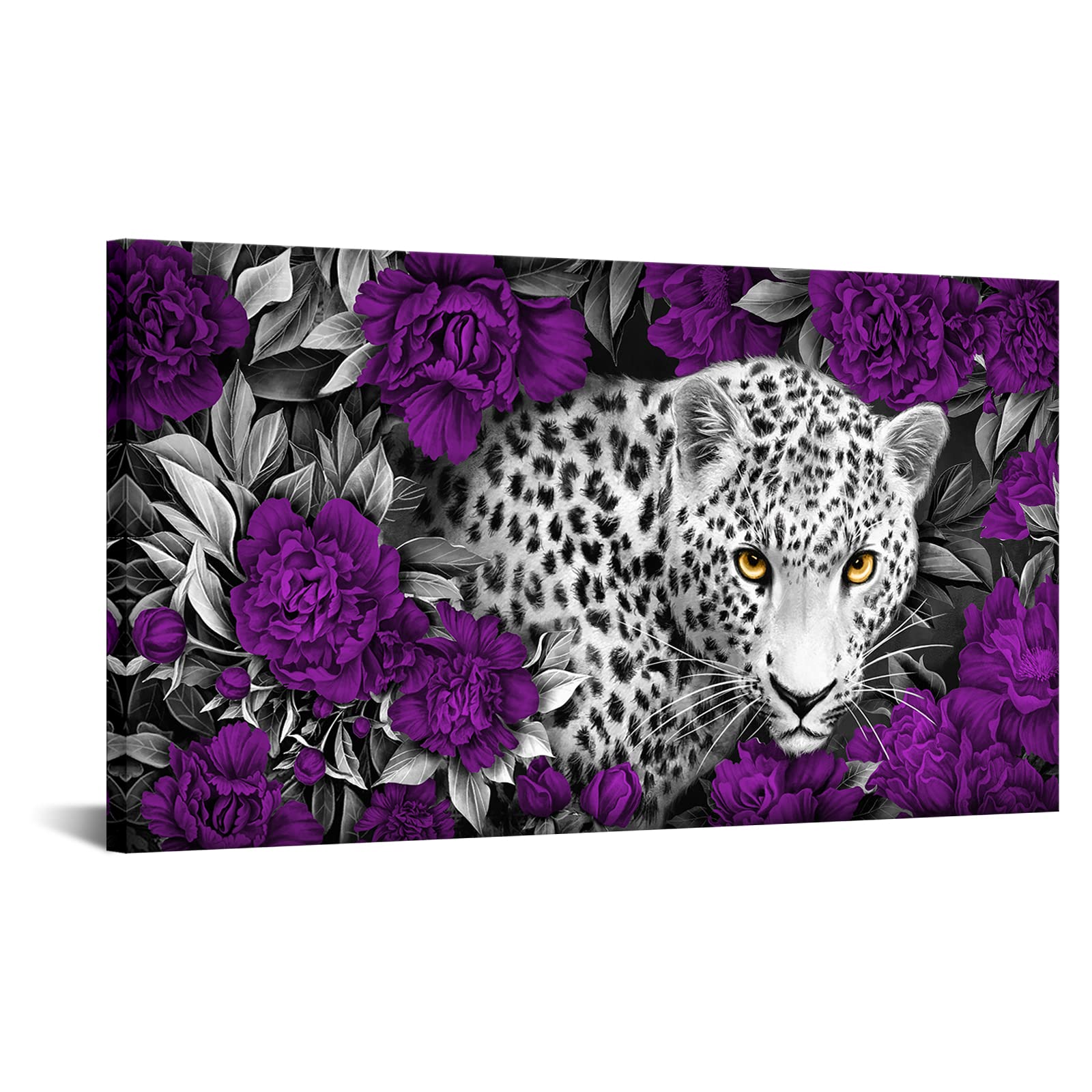 Visual Art Decor Leopard and Purple Floral Painting Purple Flower Room Decor Wildlife Animal Picture Framed Canvas Artwork for Living Room Home Bedroom Decoration 20inchx36inch
