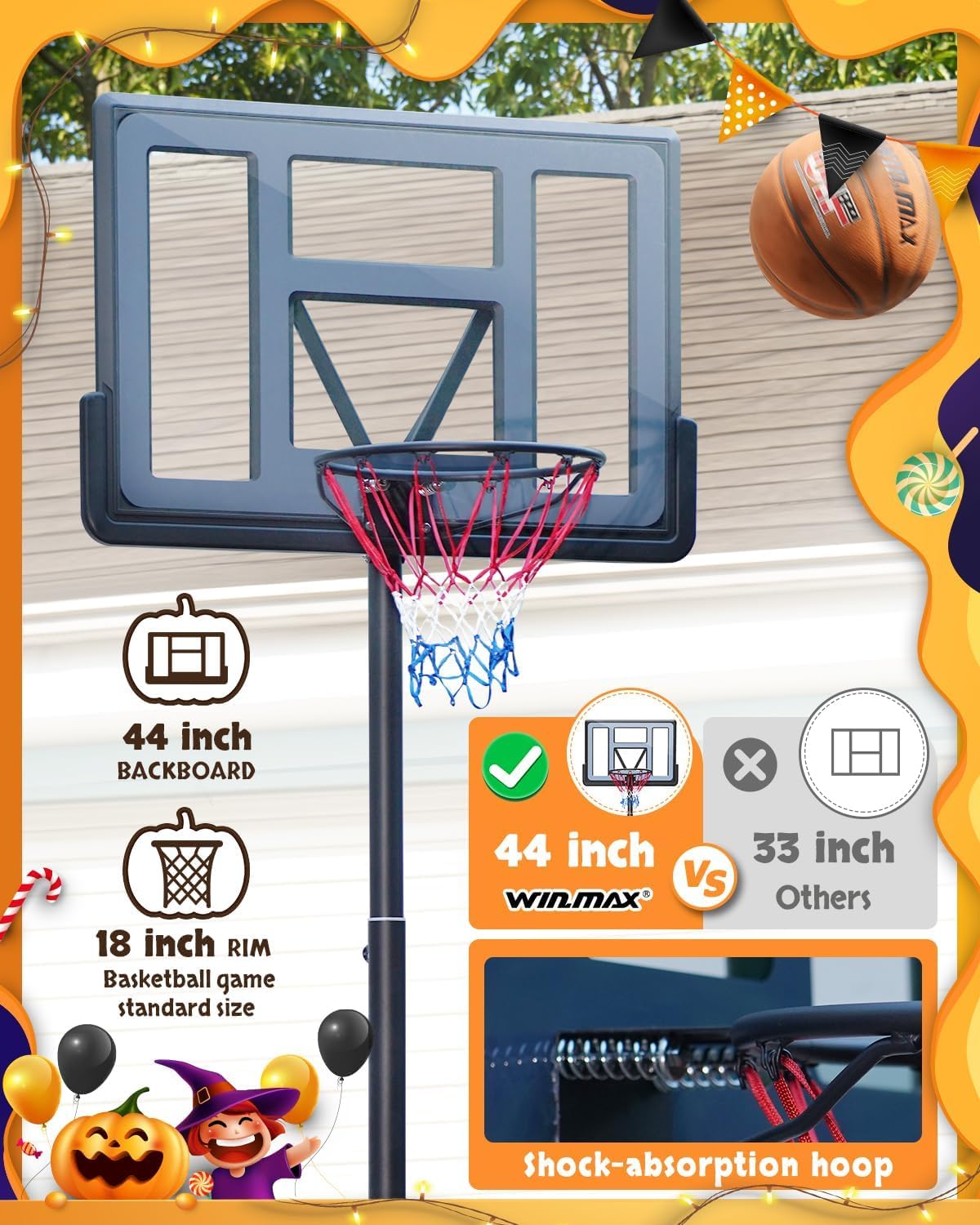WIN.MAX Basketball Hoop Outdoor 3.3-10ft Adjustable Height, 40inch Backboard with Shatterproof Backboard and Larger Base, Portable Basketball Hoop Goal System Youth/Adults in Backyard/Driveway