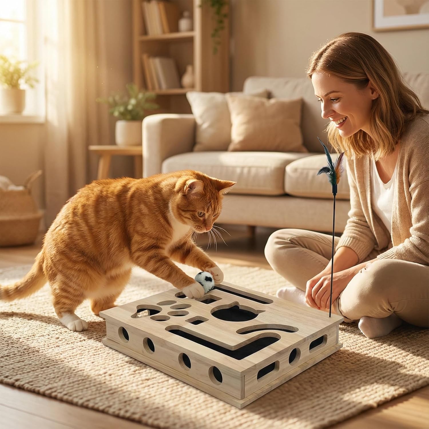 2026 New Cat Scratch Puzzle Enrichment Box,Cat Nail File Enrichment Box with 2 Bell Ball & Sandpaper Inside&Feather,Alternative to Clippers and Grinders for Indoor Cats Scratching,Boredom Relief