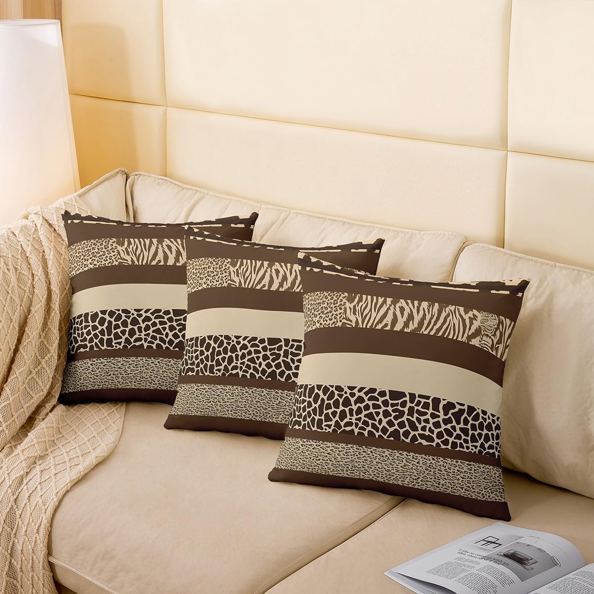Feelyou Set of 2 Leopard Print Throw Pillow Covers,Cheetah Strip Lines Cushion Case for Home Living Room Decor, Reversible Safari Animal Modern Art Decorative Throw Cushion Case, 22x22 Inches