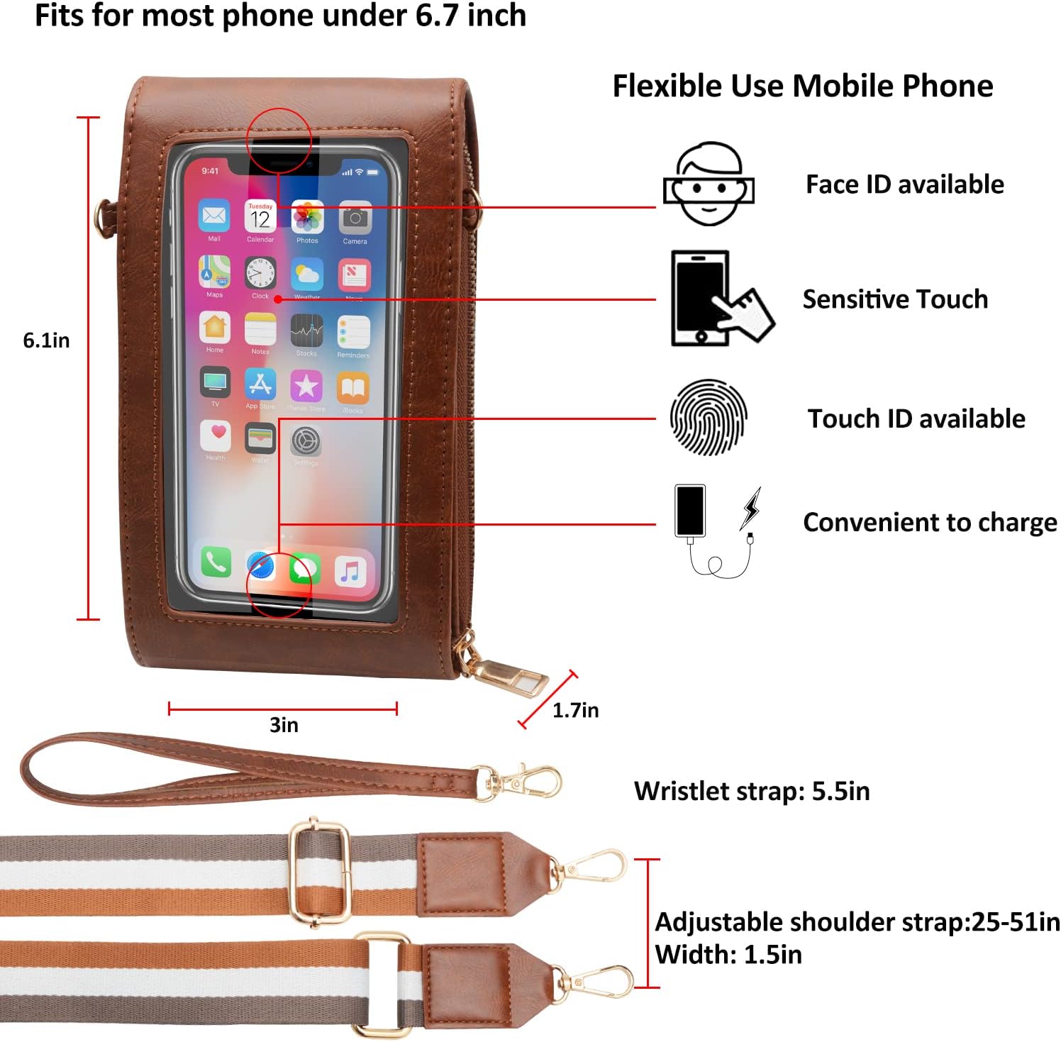CrossBody Bags with Touchscreen Cell Phone Purse Window Zipper Pocket,RFID Blocking Card Holder iPhone bag for Women - Image 3