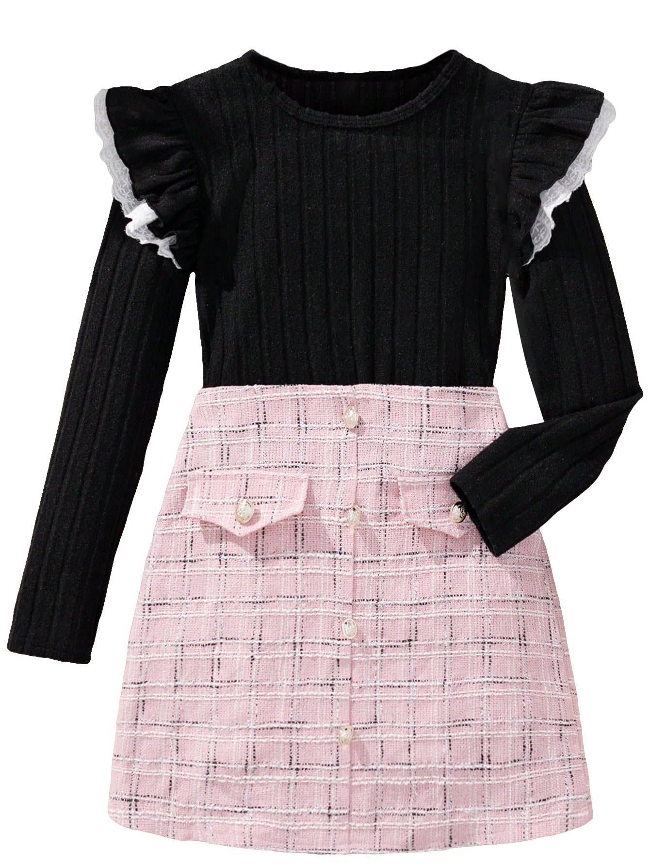 Floerns Conjunto de camiseta de manga larga y falda corta con volantes para niñas