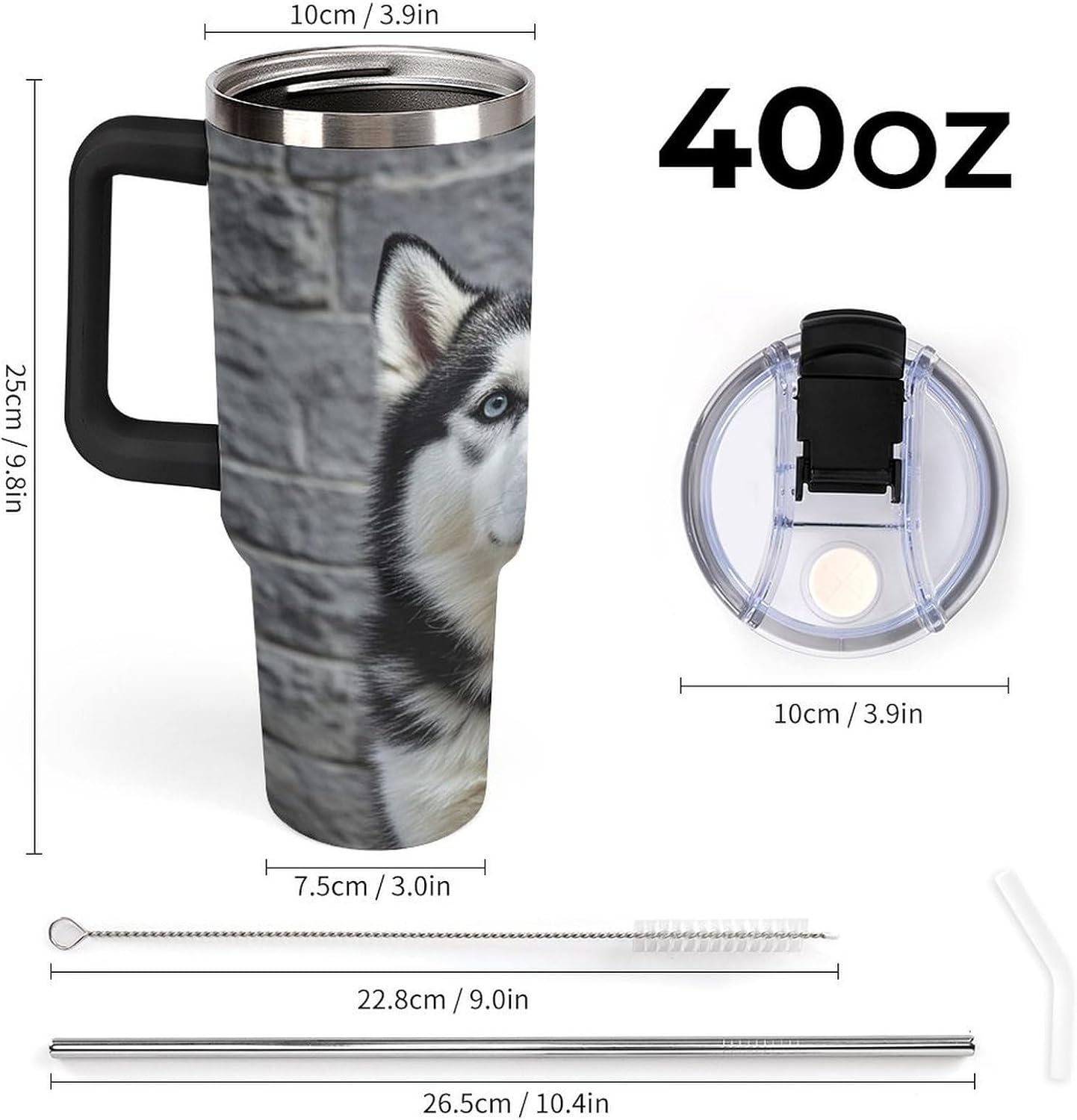 Husky Dog Travel Coffee Mug Reusable Durable Stainless Steel Insulated Tumbler with Handle And Straw Leak Resistant Portable Thermal Cup Gifts for Men Women 40 Oz