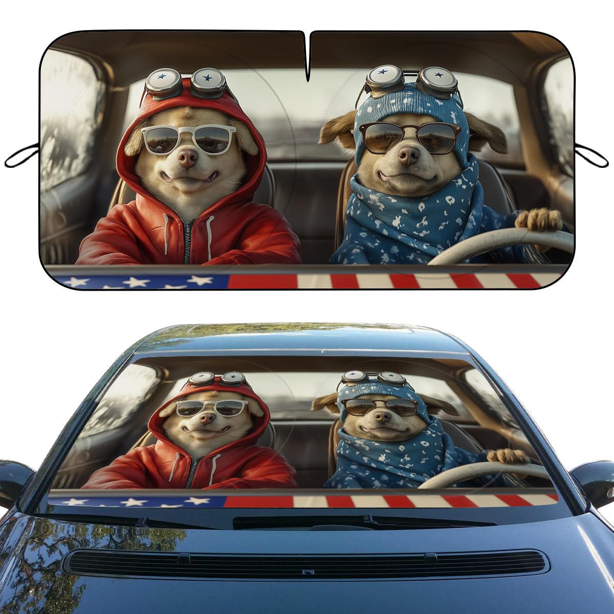Funny Dog Car Windshield Sun Shade - Cute Dog Driving Heatshield Blocks UV Rays for Sedan, Truck, SUV - 59" L x 31.5" W