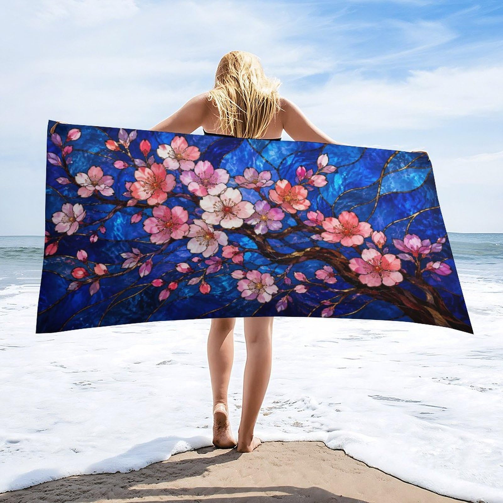 Anceky Cherry Blossom Tree Beach Towel 32"×63",Soft Microfiber Bath Towel Shawl, Quick Dry Absorbent Pool Spa Gym Shower Towel