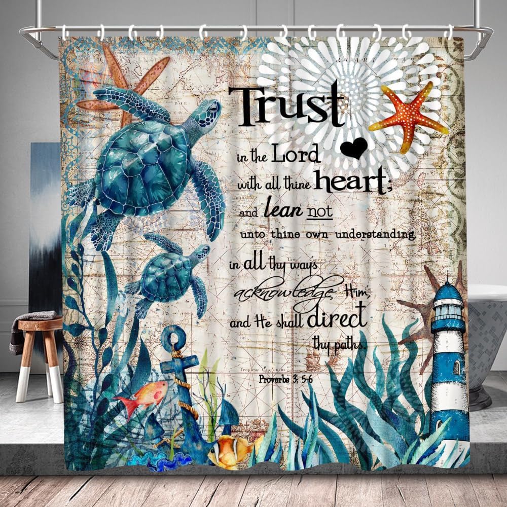 Green Sea Turtles Shower Curtain Inspirational Quote Vintage Nautical Map Beach Theme Motivational Words Fabric Funny Blue Ocean Animal Bathroom Decor Set with Hooks 84Wx70H Inch