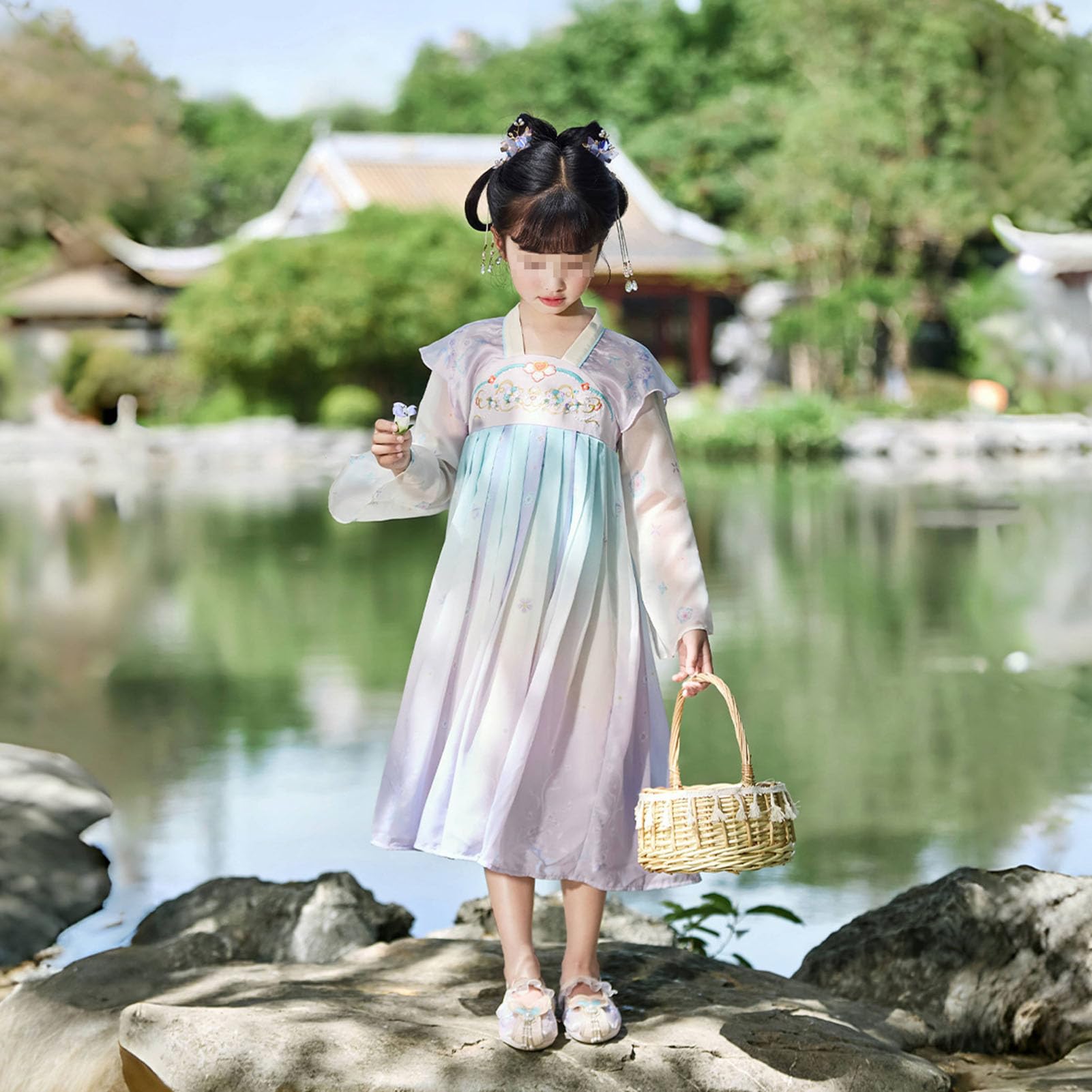Letnia tradycyjna sukienka Hanfu dla dziewczynki i zestaw Cheongsam Qipao, chiński kwiatowy kostium z dynastii Ruqun Tang dla dzieci Dziecko, wróżka długimi rękawami strój Cosplay,150