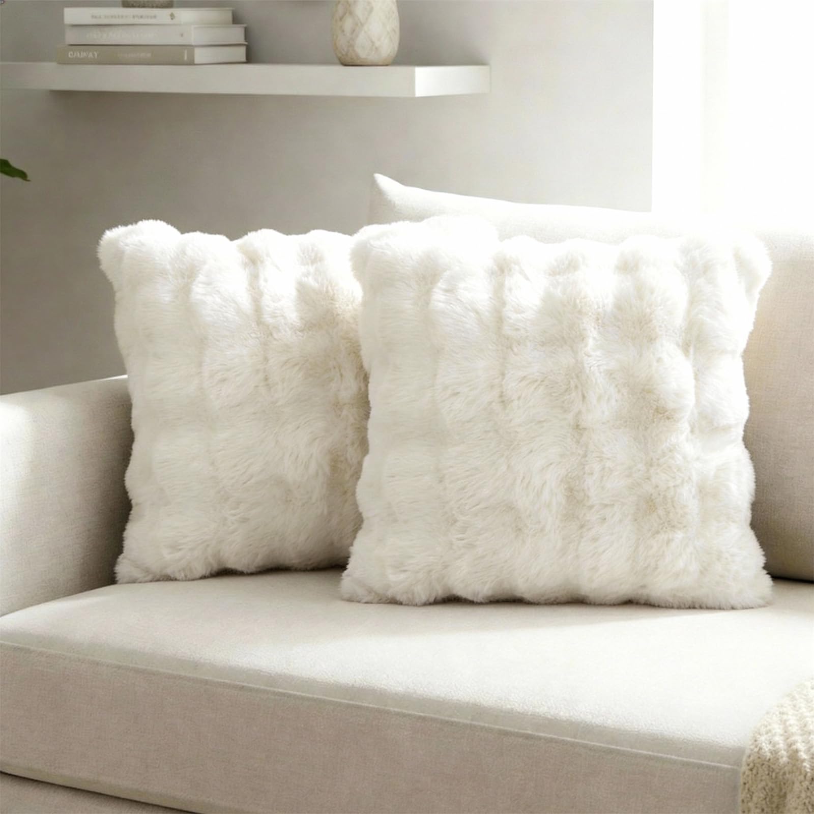 Xqzbmt 2 Pack Faux Fur Cushion Covers 45x45cm, Cream White Fluffy Thick Plush Decorative Throw Pillow Cases with Hidden Zipper for Sofa Bedroom Living Room — image 1