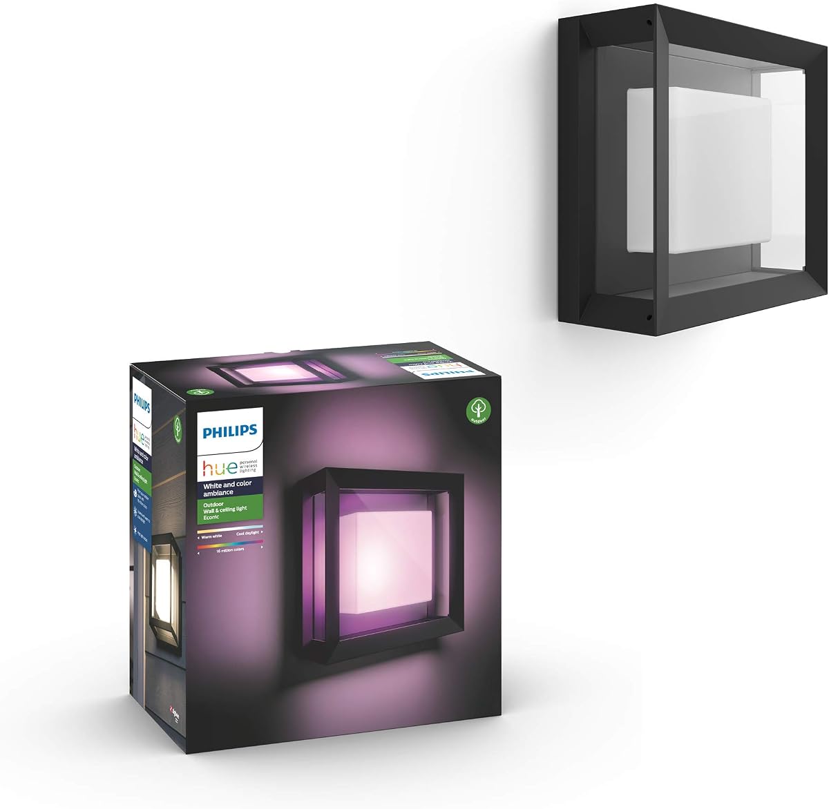 Luz de pared inteligente para exteriores Econic Square, negro - Luz LED que cambia de color en blanco y color ambiental - 1 paquete - Requiere puente Hue - Control con aplicación Hue y voz - Resistente a la intemperie
