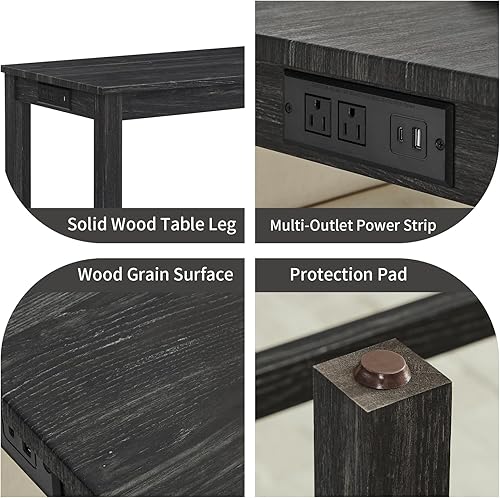 Miniatura 3 de Juego de mesa de bar industrial de 4 piezas de 59 pulgadas con toma de corriente integrada, mesa de sofá detrás del sofá con 3 taburetes tapizados