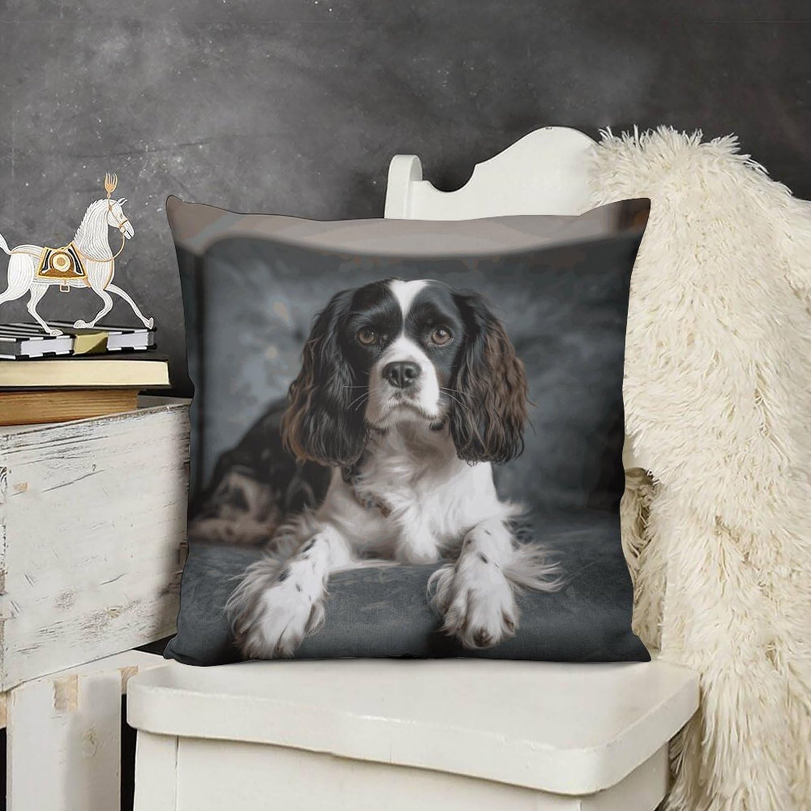 FodPand Decorative Spaniel On The Sofa Throw Pillow Covers 18x18 Soft Plush Cozy Cushion Cases with Invisible Zipper Body Pillowcase Square Accent Pillow Shams for Couch Sofa Bedroom Living Room