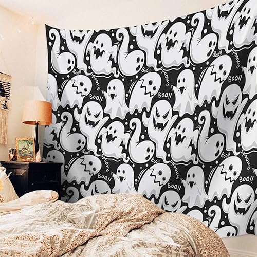Miniatura 3 de Tapiz de Halloween para colgar en la pared, diseño de fantasma, lindo tapiz estético blanco y negro para dormitorio, sala de estar, dormitorio