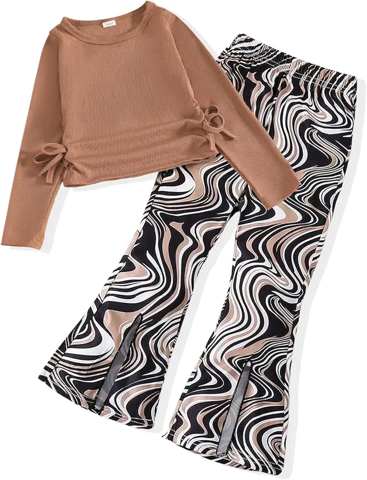 FJLSJSW Kids Toddler Girl Clothes Ruched Drawstring Long Sleeve Top and Girls Flared Pants 2Pcs Girls Outfits Size (5-10T)