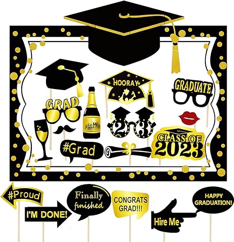 Marco de fotos de graduación de gran tamaño + 18 accesorios de cabina de fotos de graduación Felicitaciones 2023 Suministros para fiesta de
