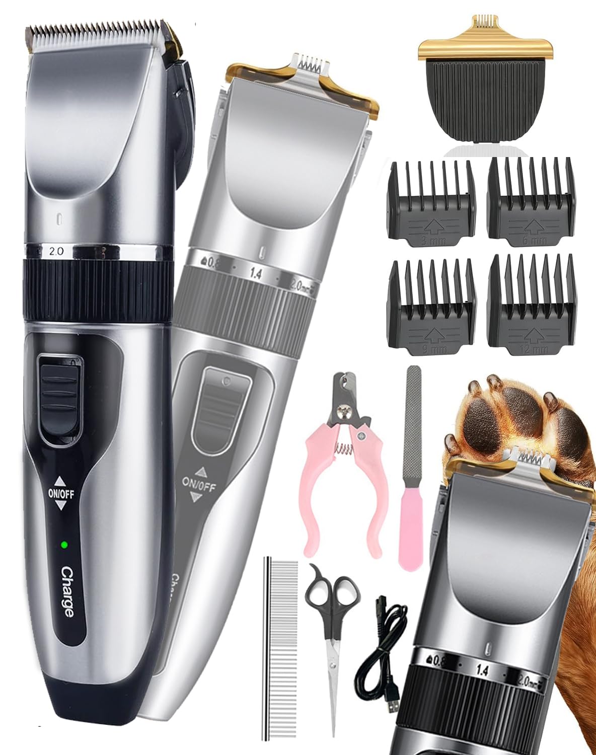 Dog Clippers & Paw Trimmer Kit 2-in-1, Cordless 7200 RPM Ceramic Blade Dog Grooming Clippers, Low Noise Shaver for Thick Coats – Includes Nail Kit, Stainless Steel Comb, Grooming Scissors & Paw
