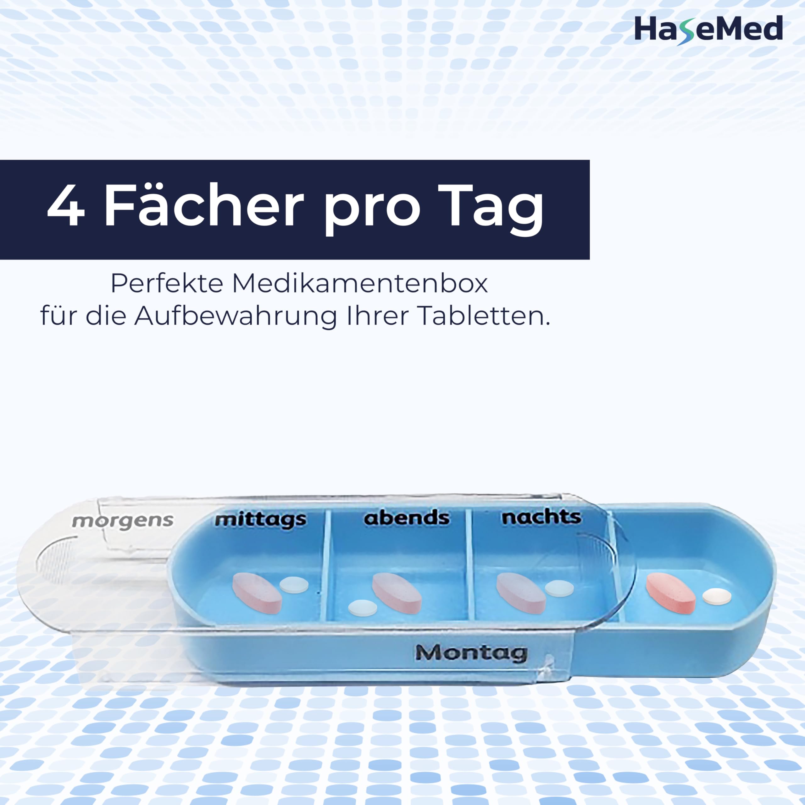 HaseMed Tablettenbox 7 Tage 8 Stück – Wochendispenser mit 7 herausnehmbaren Tagesfächern – Pillendose für Medikamente, Vitamine & Nahrungsergänzungsmittel – kompakt, BPA-frei & ideal für unterwegs