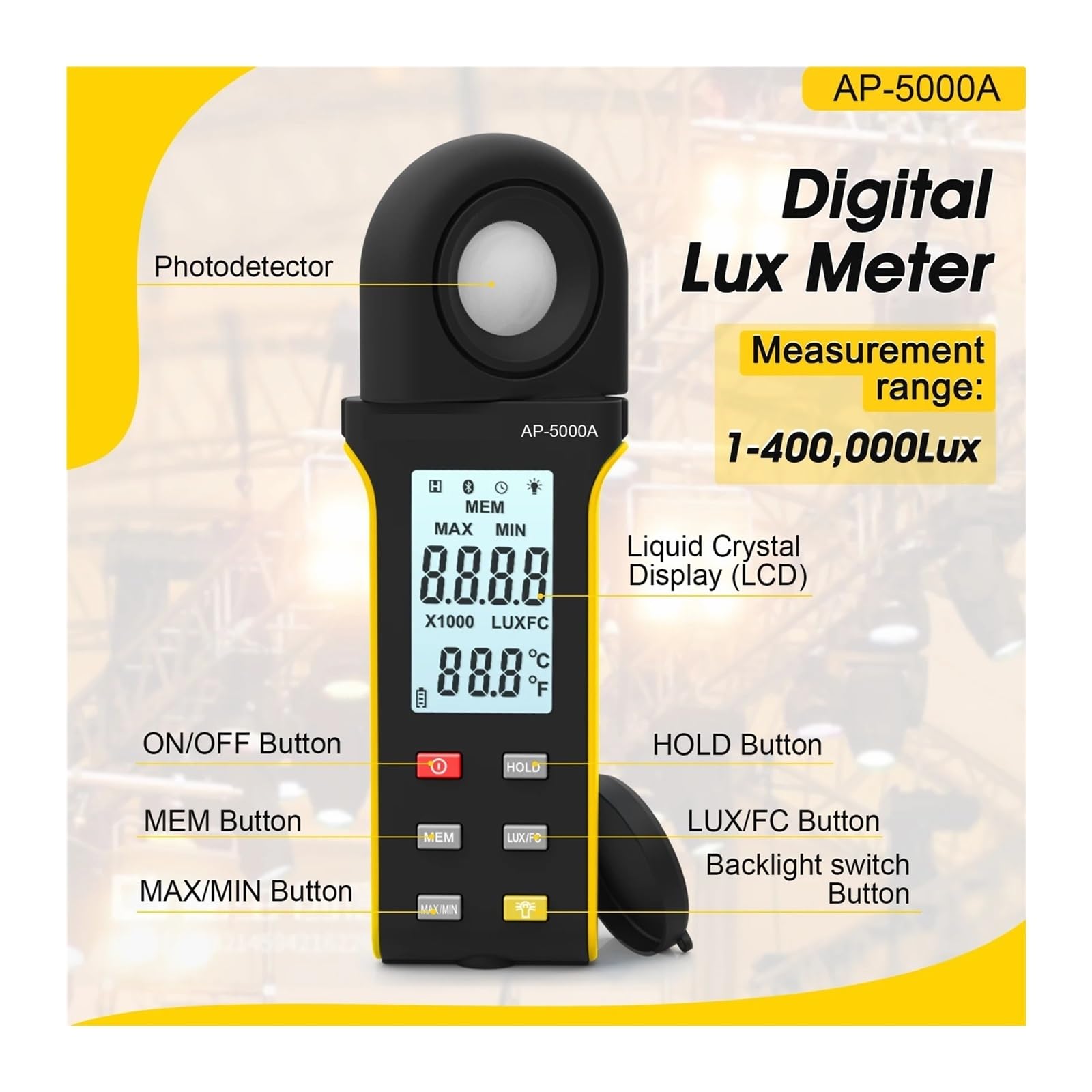 Luxmetro Esposimetro Digitale, Luxmetro digitale ad alta precisione -5000A, ampio intervallo da 1 a 400.000 lux, interruttore unità Lux/Fc, registrazione MAX/MIN, display integrato per luci a LED e mi