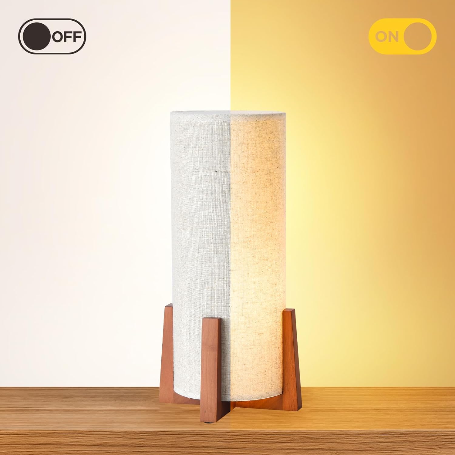 Modern Small Table Lamps, Nightstand Lamp with Linen Fabric Shade, 13.97" Cylinder Wood Base Bedside Table Lamp for Bedroom Office Living Room Home Decor