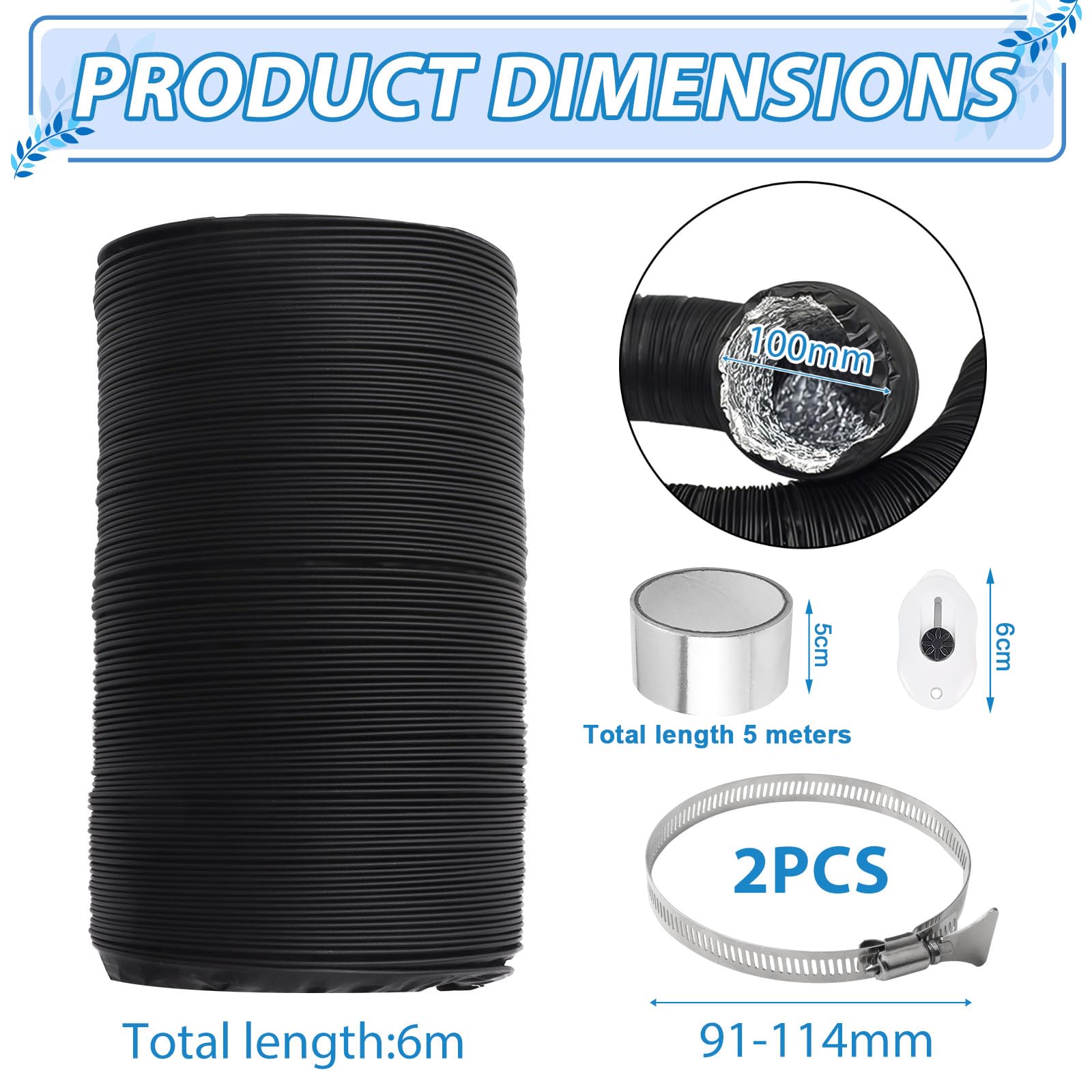 ComPDCVD 100mm Nero Tubo di Scarico 6 m Condotti Tubo di Ventilazione Flessibile in Alluminio PVC con 2 Fascette Stringitubo in Acciaio per Aria Condizionata, Asciugatrice, Cappa Aspirante