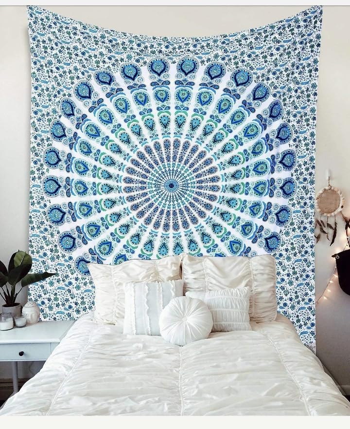 AVA Collections Blue Wall Hanging Indian Cotton Boho Decor Mandala Tapestry Living Room Wall Art Hippie Bohemian Tapestry 85x54 inches (Peacock Mandala- Sky Blue)