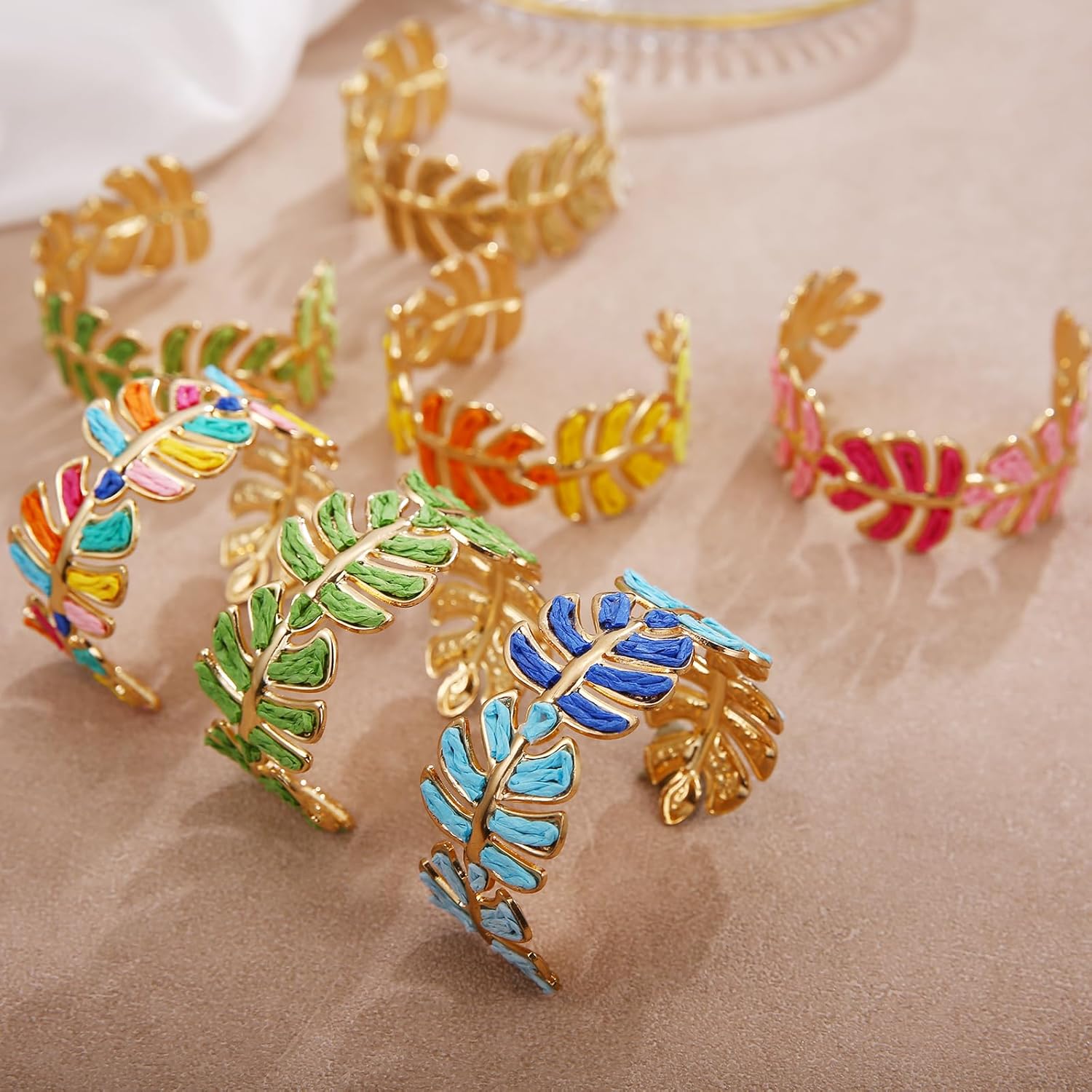 Women's Raffia Cuff Bracelet with Monstera Leaf, Handmade Summer Beach Jewelry, Vibrant Gradient Colors, Adjustable Open Cuff Design - Image 7