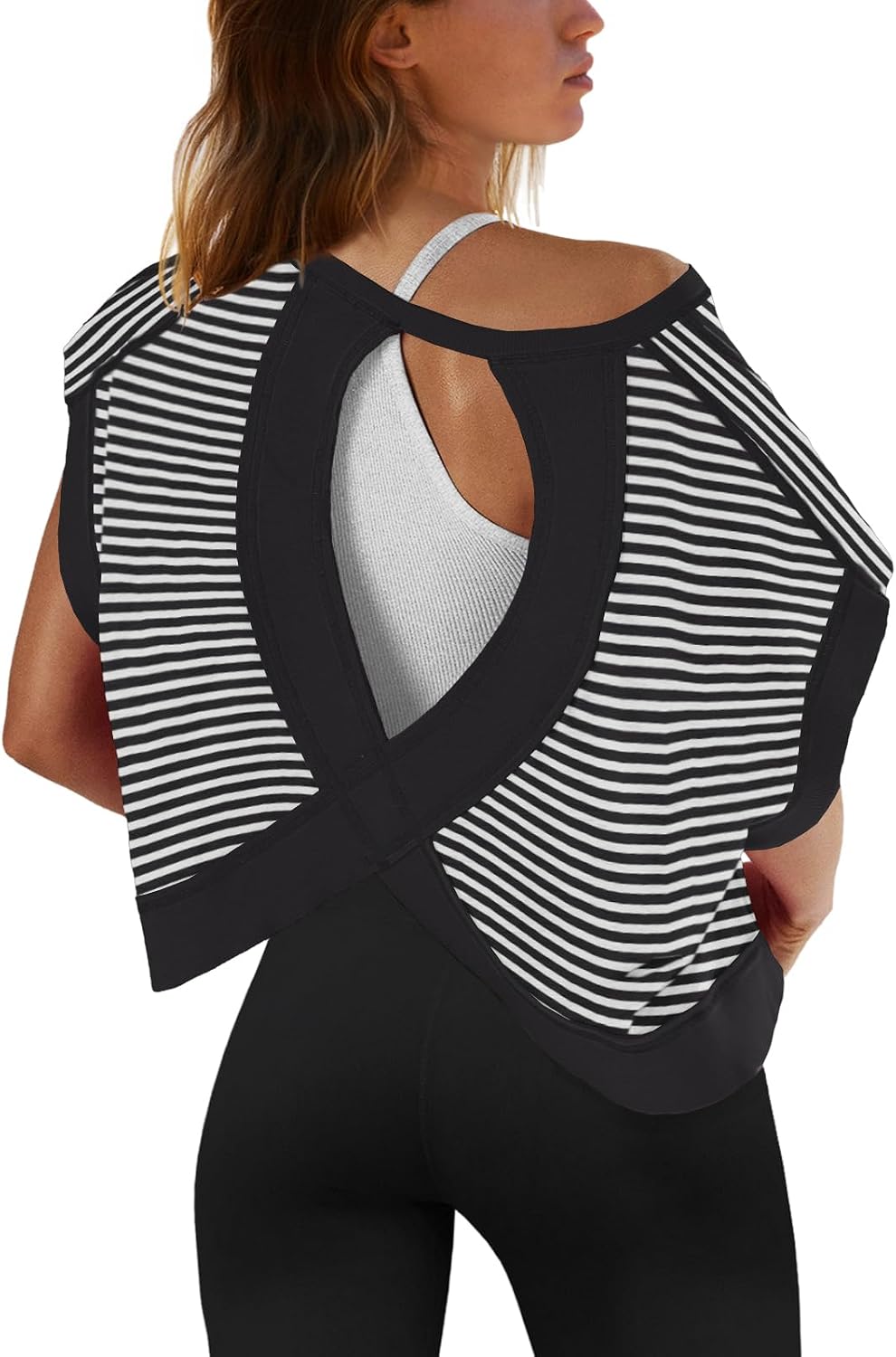 SENSERISE Womens Open Back Workout Tops Backless Short Sleeve Athletic Shirt Running Crop Top Gym Yoga Tee
